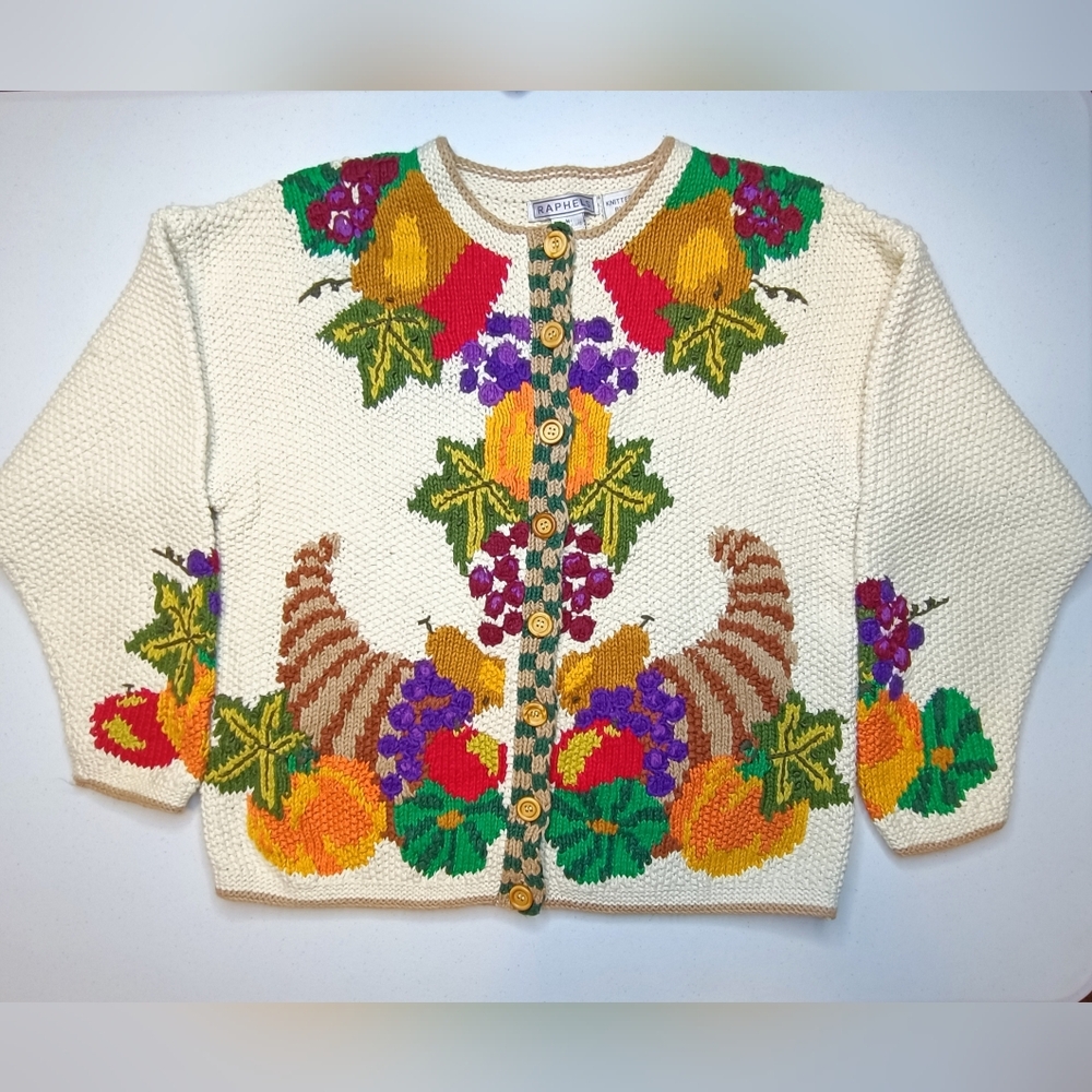 Raphels Vintage Grandma Fruits & Veggies Knit Cardigan Sweater M - Picture 16 of 16